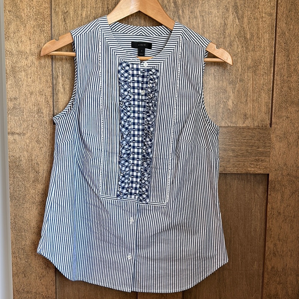 Cute J. Crew striped blouse with gingham ruffle on front.